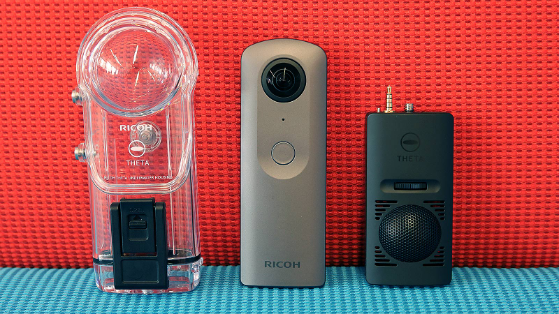 From left to right: The $200 TW-1 underwater housing (good down to 30 meters), the $430 Theta V and $270 TA-1 external mic.